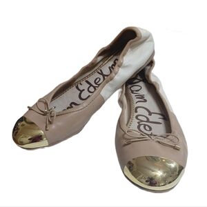 Sam Edelman Tan And Cream Leather Flats Size 6.5 Gold Cap Toe Ballet Flats